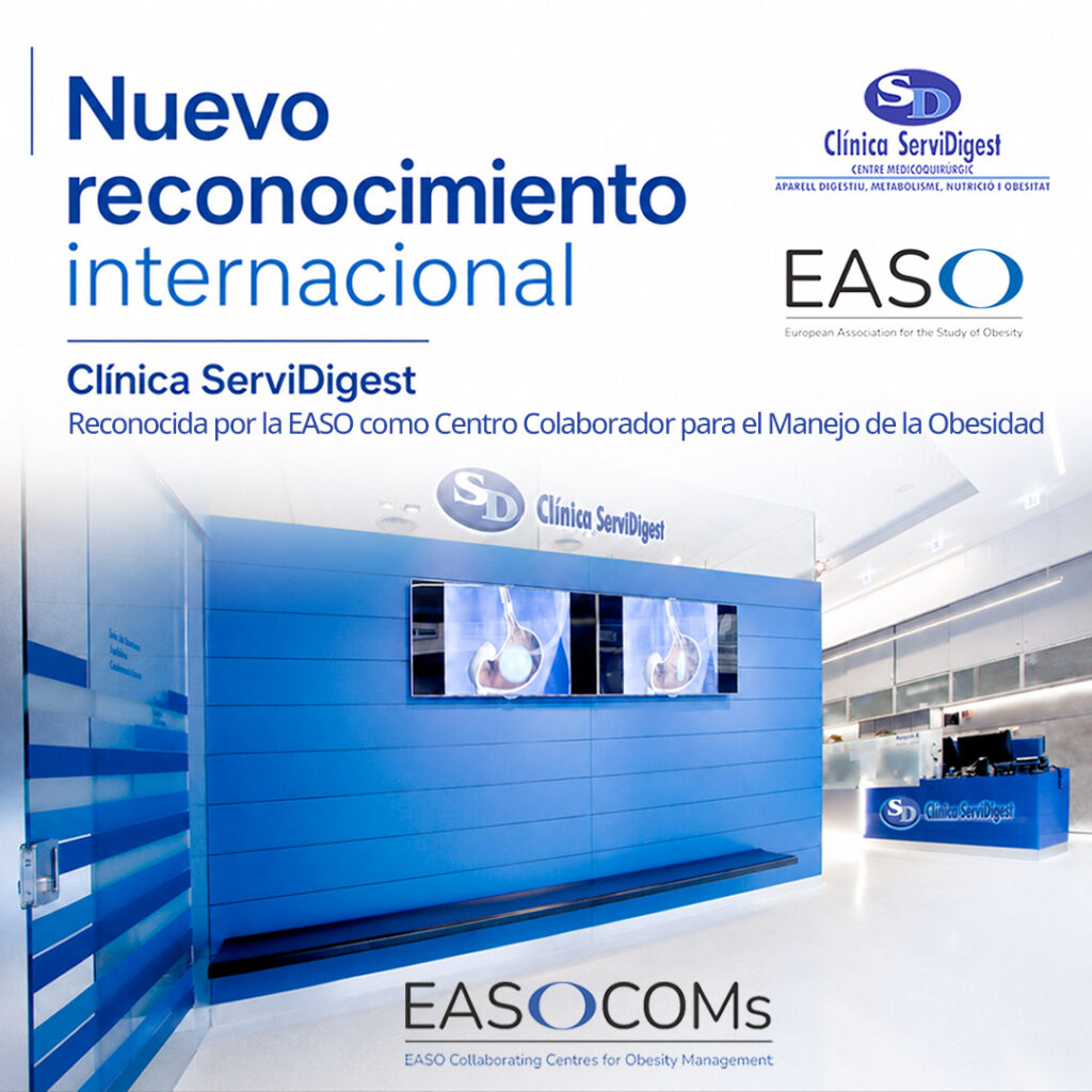 Imagen corporativa de Clínica ServiDigest anunciando su reconocimiento por la European Association for the Study of Obesity como Centro Colaborador para el Manejo de la Obesidad.