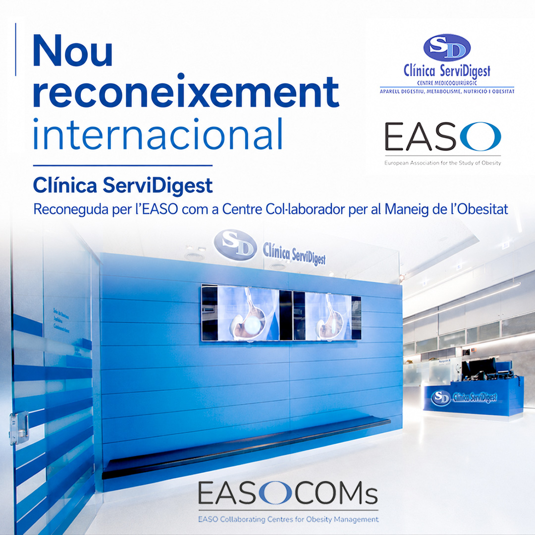 Imatge corporativa de Clínica ServiDigest anunciant el seu reconeixement per part de l’European Association for the Study of Obesity com a Centre Col·laborador per al Maneig de l’Obesitat.